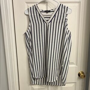 Adrianna Papell Navy and White Striped Blouse